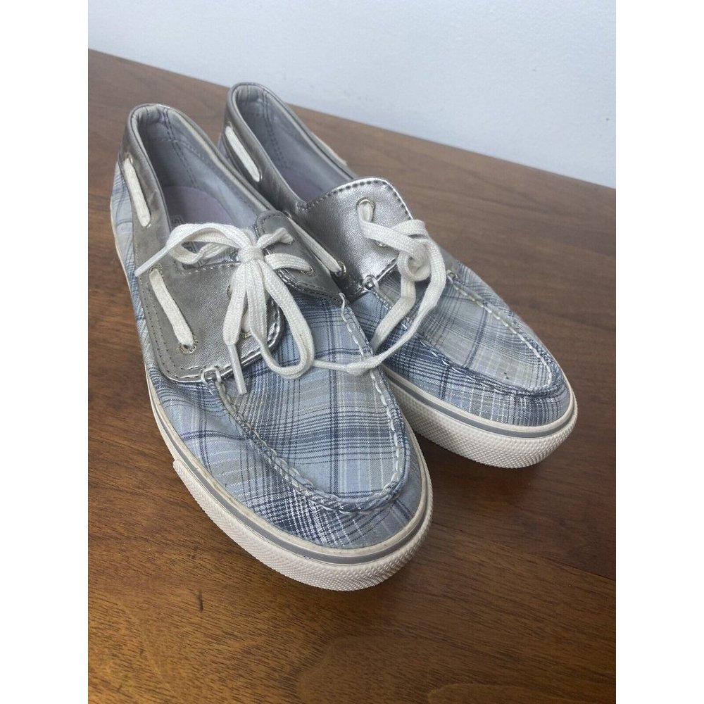 Womens Sperry Top Side Blue Grey Plaid Slip on Shoes Sz 8